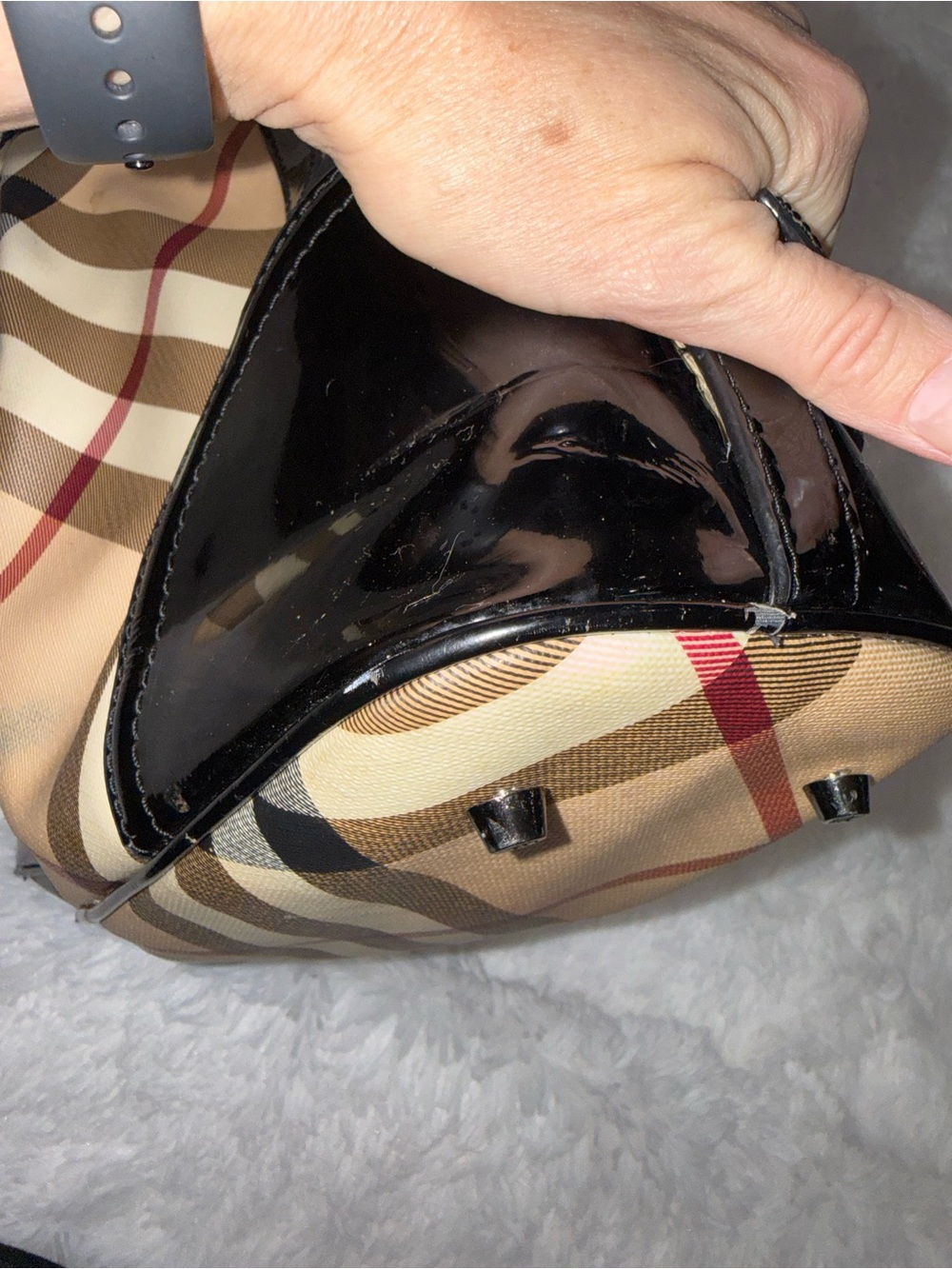 Burberry Beige Plaid Satchel with Black Patent Trim - Picture 9 of 16
